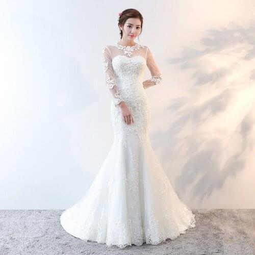 Wedding Dress Backless Floor-Length Full Sleeves Fashion Flowers Embroidery O-Neck White Plus Size Wedding Gowns for Women G052
