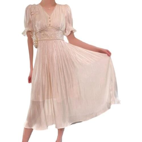 Vintage Long Dress Women V Neck Puff Sleeve Slim A-Line Dresses For Women 2021 Summer Korean Sweet Elegant Dress Female CX2018