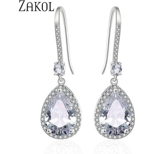 ZAKOL Elegant Water Drop Shaped Cubic Zirconia Crystal Bridal Long Earrings Luxury Wedding Jewelry For Brides FSEP2207