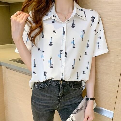 Womens Shirt Chiffon Short Sleeve Blouses Top Summer Lapel Printed Loose Tops Blusas Mujer De Moda 2021 Verano Elegantes