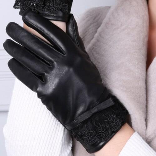 Gloves Female Winter Sheep Skin Lace Casual Plus Velvet Leather Gloves Korean Outdoor Riding Thick Warm Leather Gloves Womens