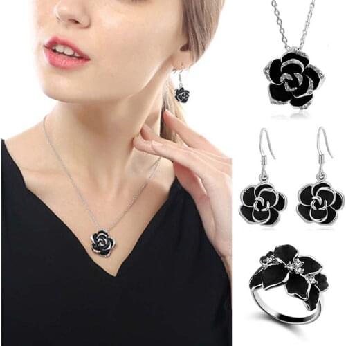 Fashion Rose Flower Enamel Jewelry Set Rose Gold Color Black Painting Bridal Jewelry Sets for Women Wedding Jewelry
