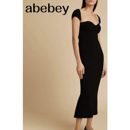 Vntage Slim Knitting Women Dress Square Collar Short Sleeve High Waist Midi Dresses For Female Fashion 2020 Clothes