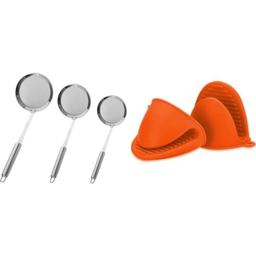 1 Pair Oven Mini Mitts Silicone Heat Resistant Anti-Scald Gloves & 3Pcs Stainless Steel Food Filter Kitchen Sieve Set