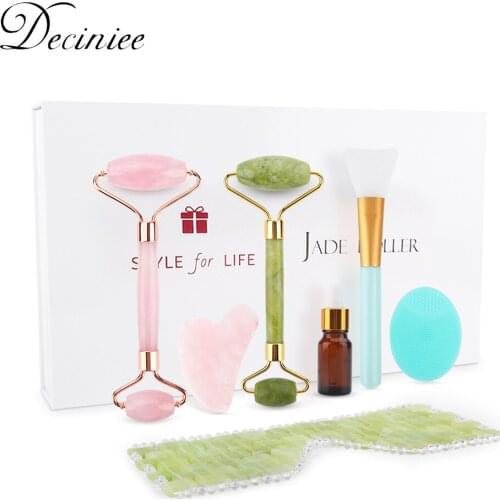 7PCS/Set Rose Jade Roller Gua Sha Face Brush Natural Quartz Scraper Jade Stone Eye Massage Facial Massager Tools for Body Neck