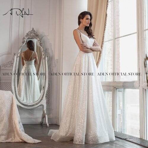 ADLN A Line Sparkly Wedding Dress Spaghetti Straps Plus Size Bridal Gown Beaded Civil свадебное платье 2021 engagement dress