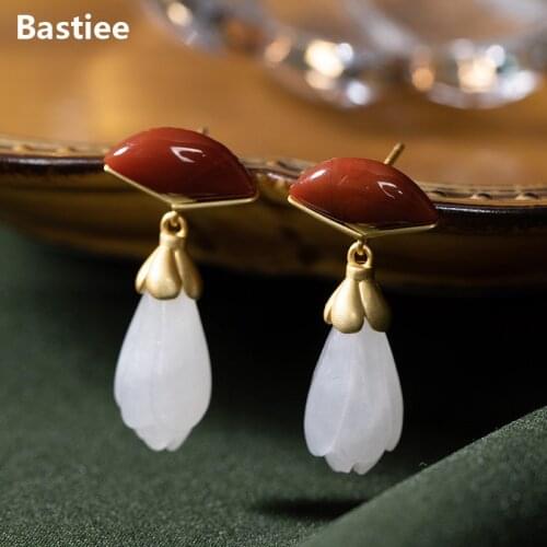 Bastiee 925 Sterling Silver Jade Earrings For Women Drop Dangle Luxury Jewelry Gold Plated Jade Red Agate Magnolia Flower