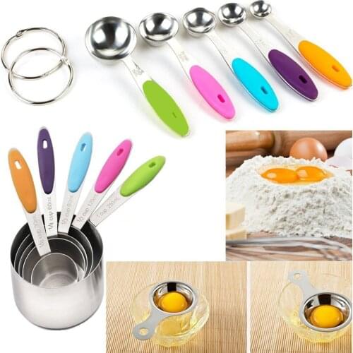 Free Shipping Measuring Cups and Spoons Stackable Set, 10 Pieces. Professional Metal Cookware Tools to Measure Liquid and Dry