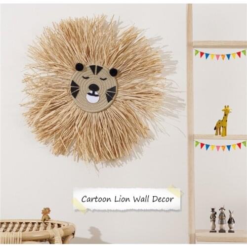 Kids Room Decor Cartoon Lion Wall Hanging Decoration Hand Woven Cotton Thread Weaving Animal Head Ornament Children Baby Gift