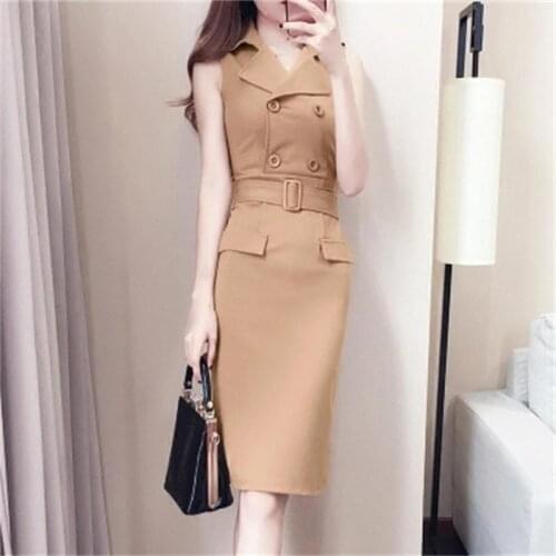 Women dress Summer New womens fashion sleeveless waist was thin package hip dress long professional dress women