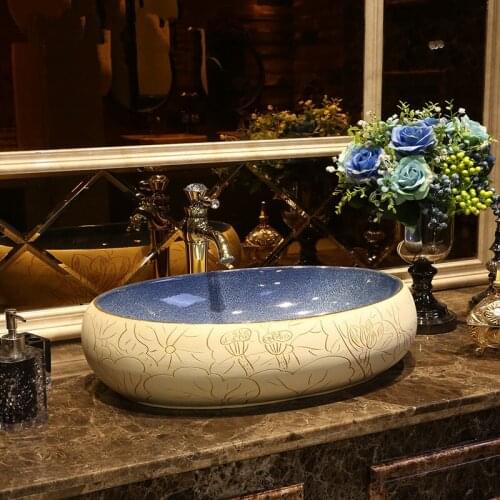 Lotus painted Porcelain ceramic sinks for bathroom wash hand basin chinese counter top wash basin