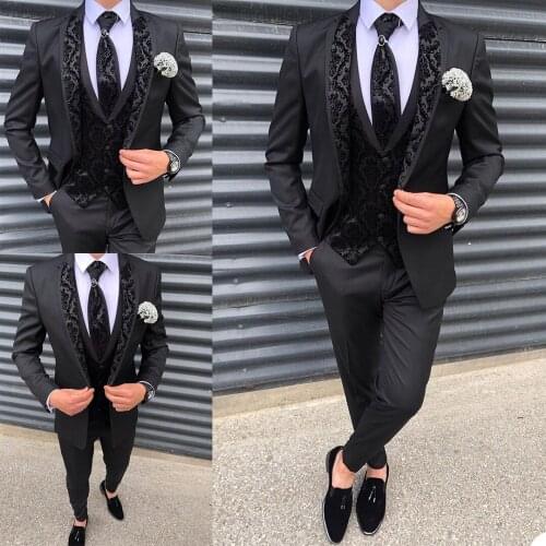 Black Pattern Mens Tuxedos Groom Wear One Button Wedding Pants Suits Business Prom Party Blazer Jacket 3 Pieces