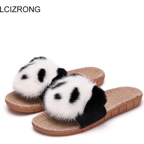 LCIZRONG Summer Beach Panda Pattern Cute Slippers For Women Fashion Outside Faux Fur Slippers Animal Female Creative Slaps