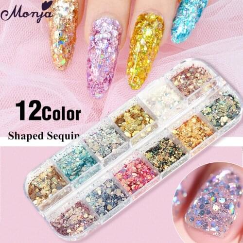Monja 12 Grids/Box Irregular Nails Art Hexagon Glitter Flakes Colorful Multi-size UV Gel Sparkly Sequins DIY Manicure Decoration