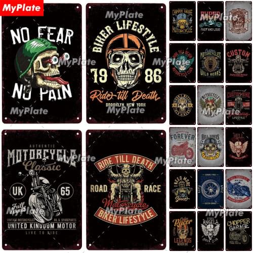 Motorcycle Metal Sign Vintage Plaque Tin Sign Wall Decor For Garage Club Plate Crafts Ride Biker Poster NO FEAR NO PAIN