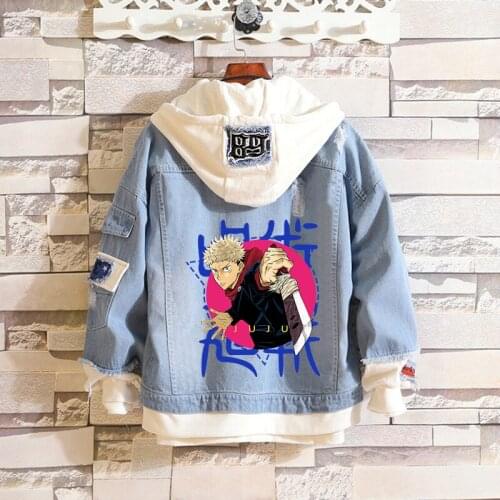 Jujutsu Kaisen Men Jackets DENIM Two-tone Patchwork Jean Hoddie Motorcycle Fashion Denim Jackets Coats Streetwear