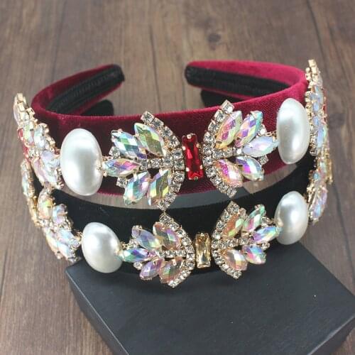 New Vintage Baroque Fashion Wide Big Pearl Sparkly Rhinestone Flower Hair Band Travel Party Trend Personality Headband For Women