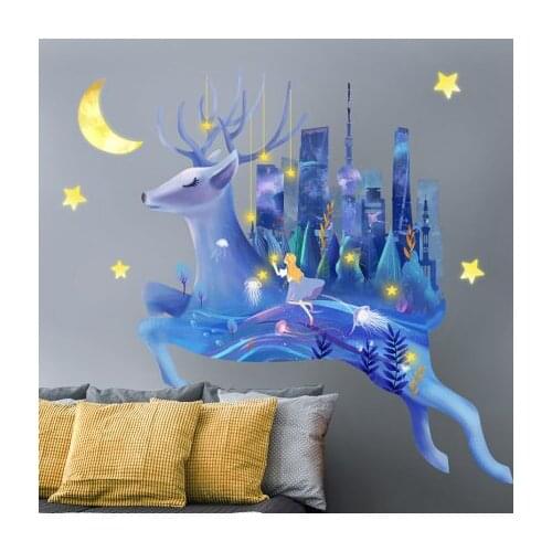 Creative Personality Blue Luminous Deer Wall Stickers Porch Background Wall Wallpaper Living Room Decoration Bedroom Decor