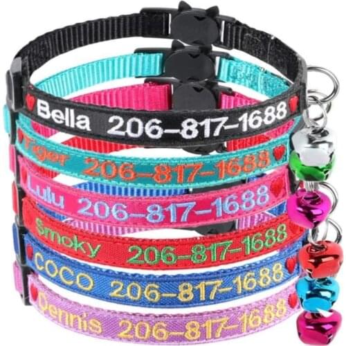 Cat collar, personalized embroidered with pet name and phone number in blue, black, pink and red for boy and girl