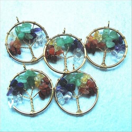 1pc nature gem stone pendants handmade by tree shape round shape size 30mm with golden or silver color jewelry components
