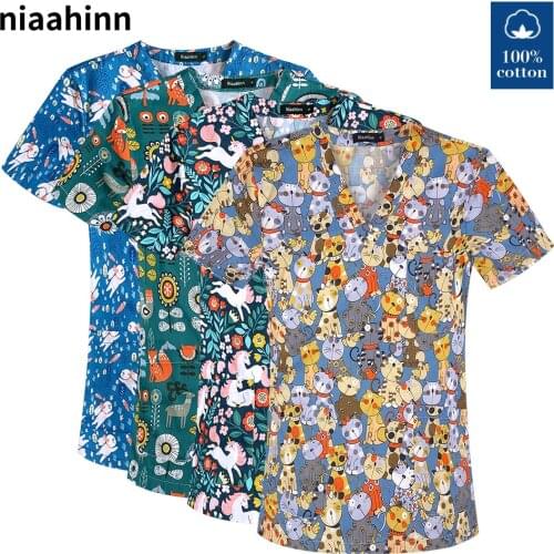 Unisex Beauty Salon Workwear Cartoon Print Hospital Medical Scrub Clothes Dental Clinic Nurse Uniform Surgical Scrubs Tops Women