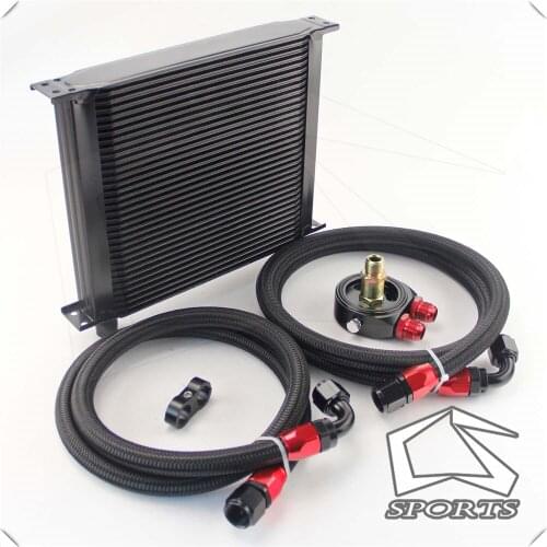 AN10 34Row 248mm Universal Engine Transmission Oil Cooler British Type + Aluminum Filter Hose End Kit Blue/Black