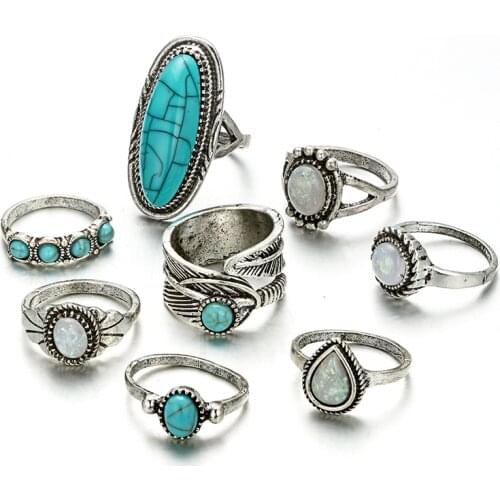 Tocona 8 Pcs/set Vintage Antique Green Stone Ring Set for Women Men Clear Crystal Bohemian Party Jewelry Accessories Anillo 6225