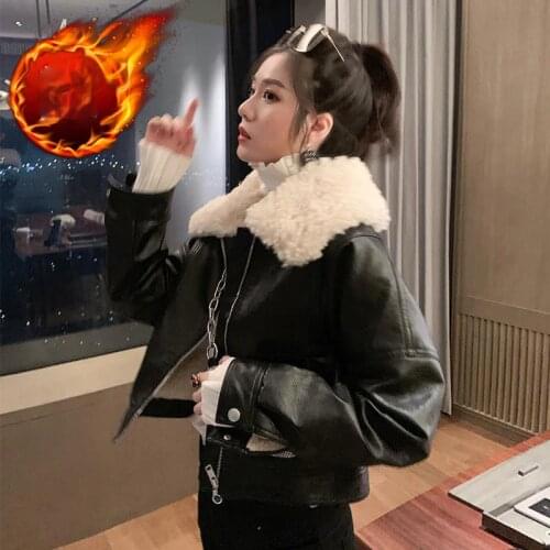 Women Winter Leather Fur Jacket Female Short PU Leather Fleece Coats
