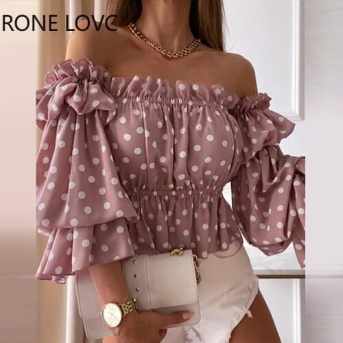 Women Off Shoulder Polka Dot Print Off Shoulder Layered Shirred Top Women Summer Tops