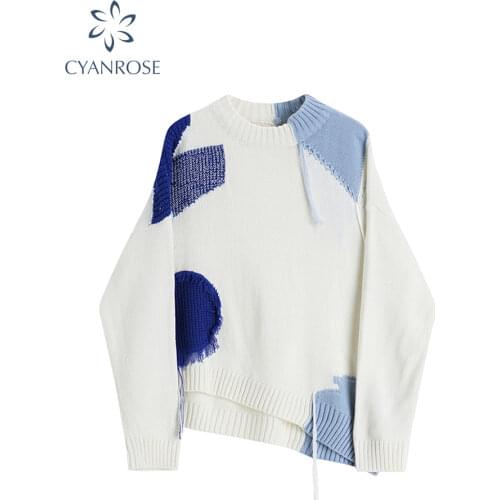 Patchwork Womens Sweater Tassel Trendy Cropped Contrast Color Spliced Retro 2021 Streetwear Korean Rib Ins Knitwear Knitted Top