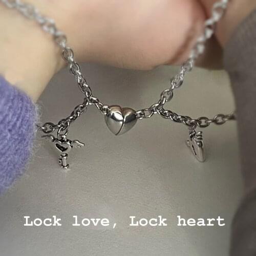 1Pair Couple Bracelets Magnetic Bracelet Heart Shaped Stainless Steel Angel Wing Lock Love Lock Heart Charm Magnet Jewelry Gifts