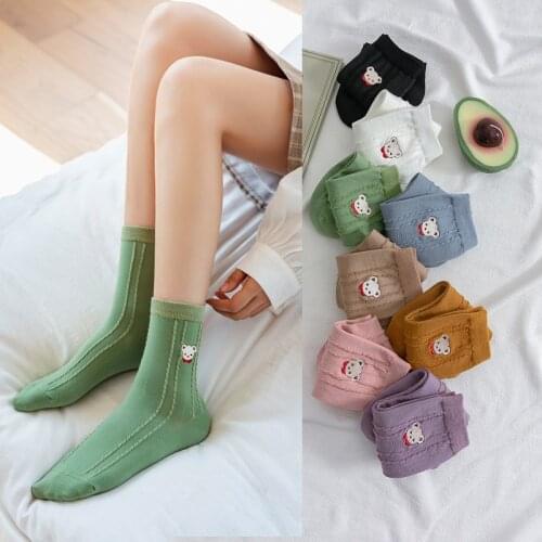 10 pieces = 5 pairs Women cotton Socks New Style Autumn and Winter Embroidery Cute Bear Dark Floral Pattern Korean Socks women