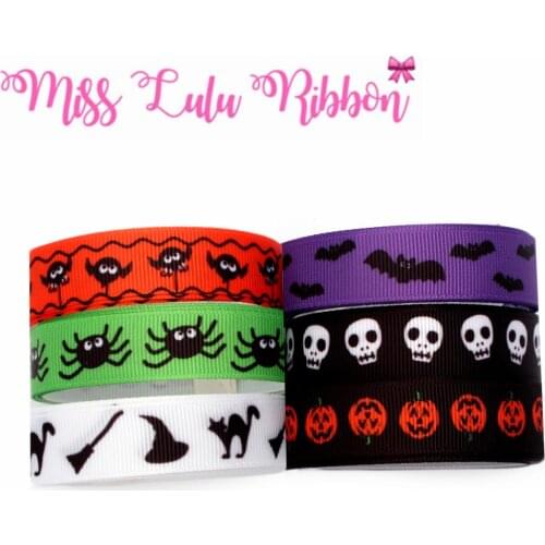 16mm-75mm Cartoon Ghost Bat Pumpkin Printed Grosgrain/Elastic Ribbon Cartoon DIY Hair Bowknot Halloween Party Decor 50yards/roll