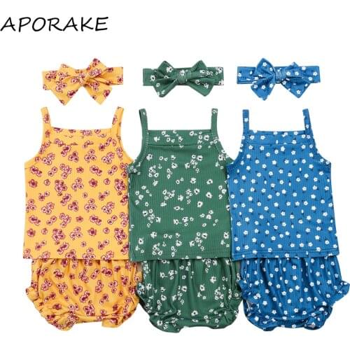 2021 0-24M Infant Girl Clothing Set Sweet Floral Print Sleeveless Top Vest+Ruffle Triangle Shorts+Headband Summer Cotton 3pcs