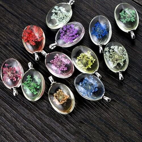 5pcs 32x18x10mm Hot sale Jewelry Crystal Glass Real Dried Flower Oval Style Necklace Pendant; Necklaces For Women -N7-02