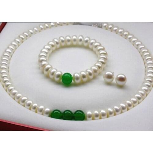 5x8 mm Abacus White Cultured Pearl/Green bead Bracelets Necklace Earring