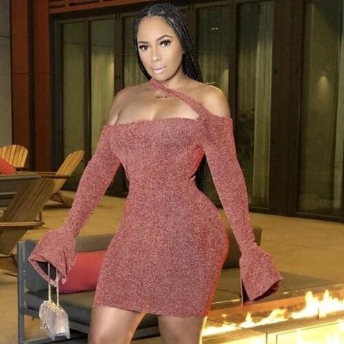 Off The Shoulder Shiny Party Dress Women High Waist Bodycon Mini Dress Long Flare Sleeve Backless Christmas Dress Women Clubwear