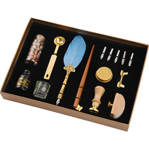 European Feather Pen Ink Bottle Calligraphy Writing Dip Pen with Wax Seal Stamp Set Envelope Wedding Gifts Postcard Cover Decor