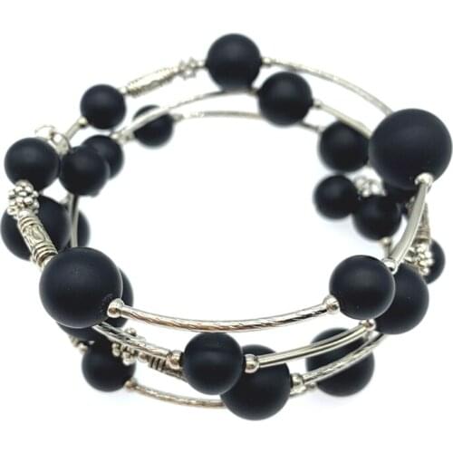 FoLisaUniuqe Matte Black Onyx Bracelet Memory Wire Wrapped Around With White Gold Filled Pipes Beads For Women Girls Gift