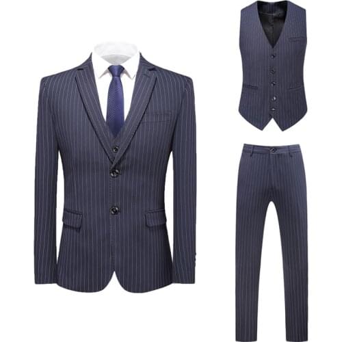 Jacket + Vest + Pants ) High-end Brand Luxury Dark Lattice Business Mens Slim Suit Groom Wedding Dress Tuxedo Banquet Clubmen