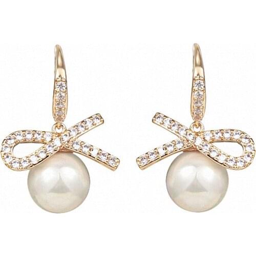 LADYCHIC Fashion Sparkling Cubic Zirconia Bowknot Drop Earrings for Women Red & White Pearl Bead Dangle Earrings Jewelry LE1449
