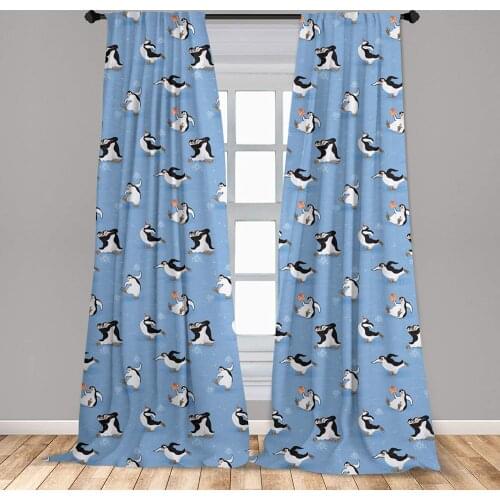 Cartoon Animal Curtain for Kids Room Skating Funny Penguins Fun Activity Cheerful Smiling Mascots Couple Window Drapes