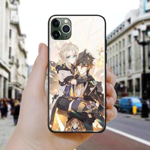 Genshin albedo and zhongli Soft Silicone Glass Phone Case Cover Shell For iPhone SE 6 6s 7 8 Plus X XR XS 11 12 Mini Pro Max