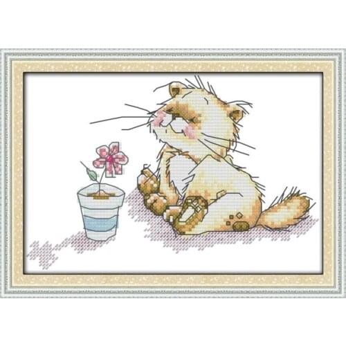 The little cat with flower cross stitch kit cartoon 11ct count print canvas stitches embroidery DIY handmade needlework plus