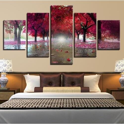 Canvas Pictures Wall Art Living Room Home Decoration 5 Panel Red Leaves Tree Landscape Modern Printed HD Paintings(No Frame