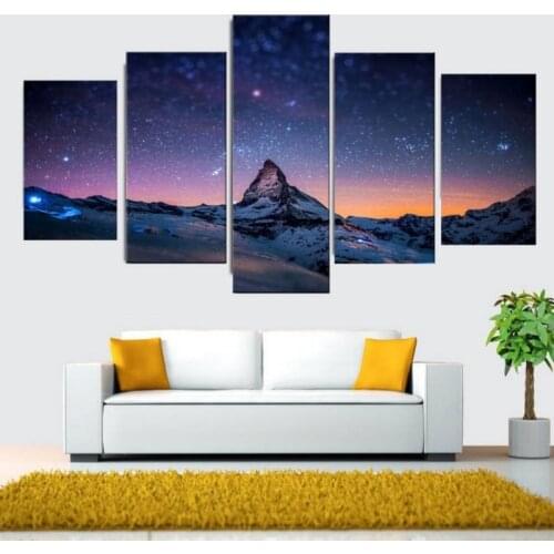 Wall Art Canvas 5 Panels Snow Mountain Starry Sky Landscape Poster Modular Pictures Modern Home Living Room Decoration Paintings