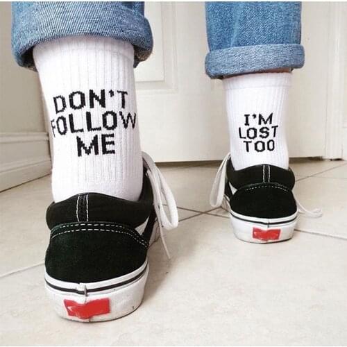 2021 Black White Cotton Socks AB Side Don't Follow Me I'm Lost too Creative Unisex Women Men Casual Socks Daily