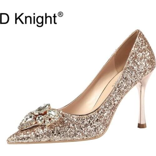 2020 Autumn New Fashion Sequins High Heels Bride Shoes Woman Korean Pointed Toe Crystal Shallow Mouth Pumps Women Wedding Shoes