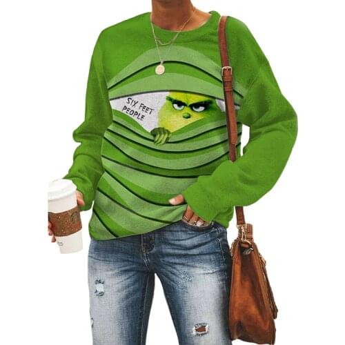New Green Pullover Printed Cotton Blend Round Neck Tops European American Street Hipster Ladies Long-Sleeved Sports Sweatshirts