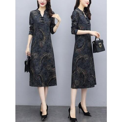 Spring And Autumn New Improved Cheongsam Mom Dress Temperament Slimming Wide Lady Bottoming Skirt Belly-Covering And Youthful